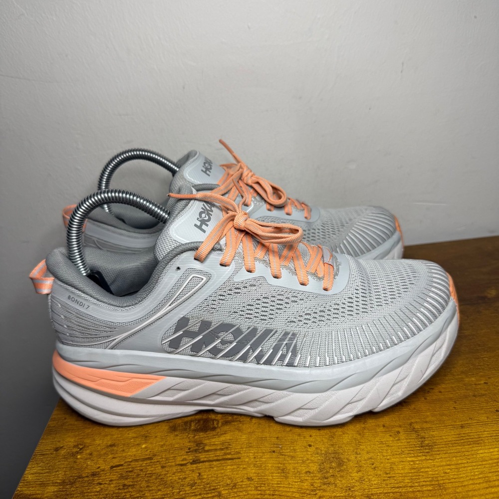 Hoka One One Bondi 7 Running Shoes Women Size 7.5 Gray Orange 1110519 HMSH